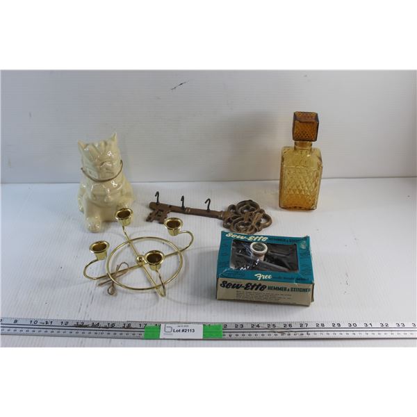 Sew-Ette Hammer & Stitcher, Amber Glass Decanter, Porcelain Coin Bank, Brass Candle Holder and Key R