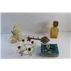 Image 8 : Sew-Ette Hammer & Stitcher, Amber Glass Decanter, Porcelain Coin Bank, Brass Candle Holder and Key R