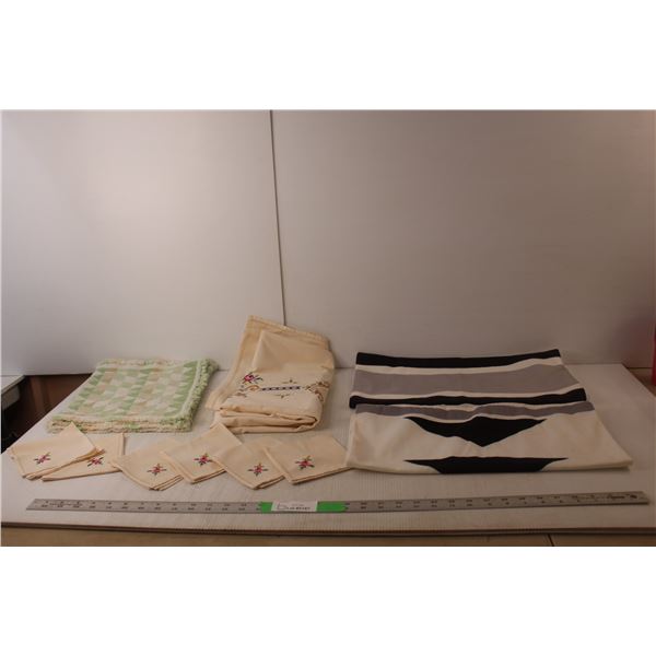 Tablecloth & Napkins Set, Table Runner, (2) Throw Pillowcases, Some Staining