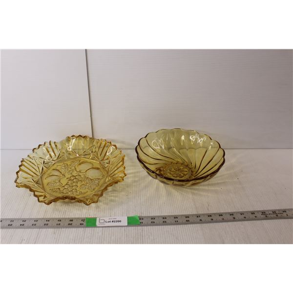 Amber Glass Ruffled Pressed Glass Fruit Embossed Serving Bowl and Amber Glass Colonial Swirl Chip Bo