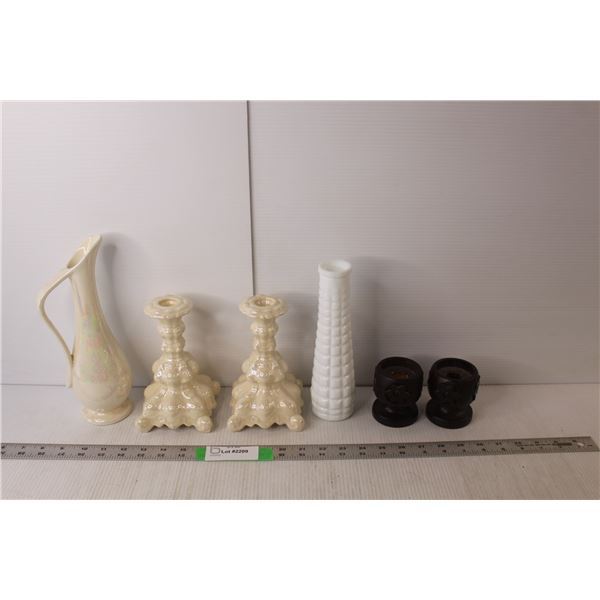(4) Candleholders, Glass Vase, Spouted Pitcher