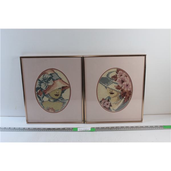 (2) Framed Ladies in Bonnets Embroidery Arts 14'' x 12''