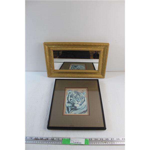 Framed Mirror 15 1/2'' x 10'' and Framed Tiger Art Print 13'' x 11''