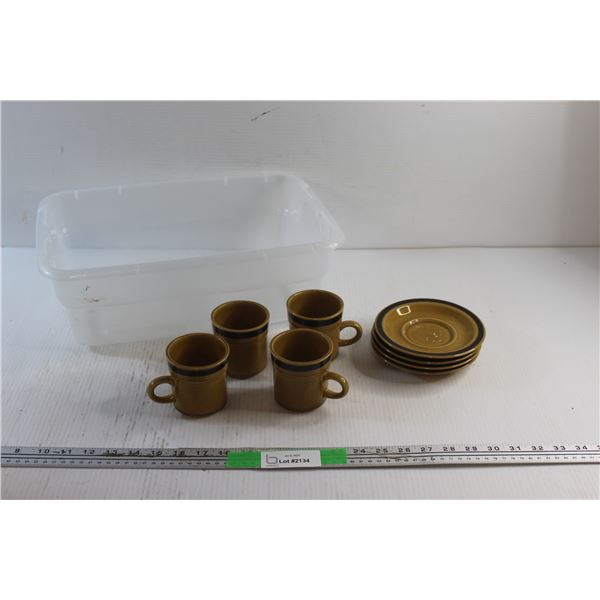 Burnt Mustard Montezuma Japan Tea Cups and Saucers Set and Plastic Container