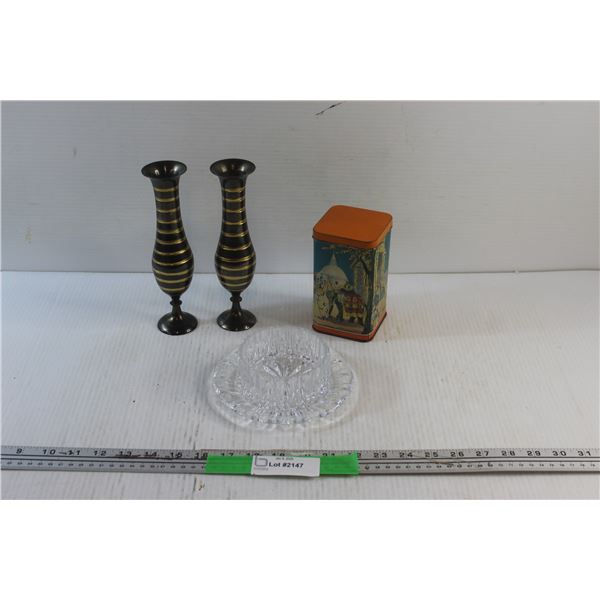(2) Midnight Brass and Gold Bud Vases, Glass Candy Dish and Vintage Tea Tin
