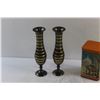 Image 2 : (2) Midnight Brass and Gold Bud Vases, Glass Candy Dish and Vintage Tea Tin