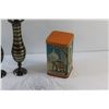 Image 4 : (2) Midnight Brass and Gold Bud Vases, Glass Candy Dish and Vintage Tea Tin