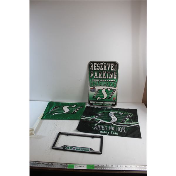 Saskatchewan Roughriders Flags, Car Plate Frame and Parking Sign
