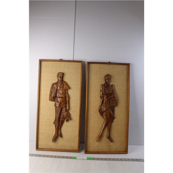 (2) Mounted Sculptures- Fisherman & Market Girl, 25" Tall x 12" Wide