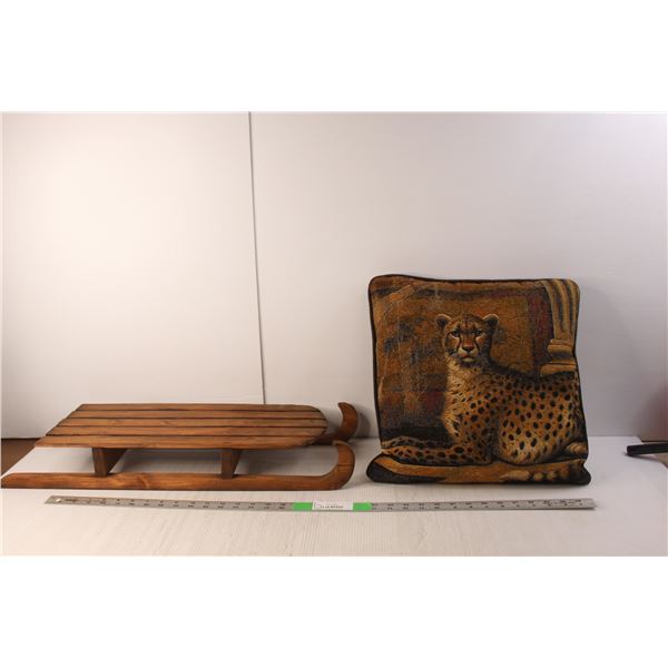 Jaguar Throw Pillow & Model Wooden Sleigh 26" Long