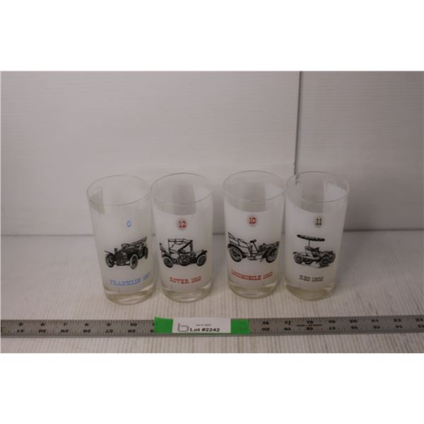 (4) MCM Car Patterened Drinking Glasses - Locomobile, Reo, Franklin, and Rover