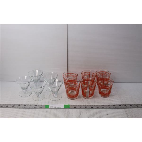 (6) Dominion Glass Canadian Orange and Gold Old Fashion Glasses, (5) Dessert Dishes