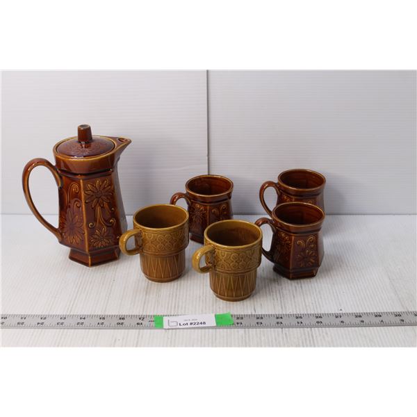 (6) Piece Ceramic Tea Set- Pot, (5) Mugs