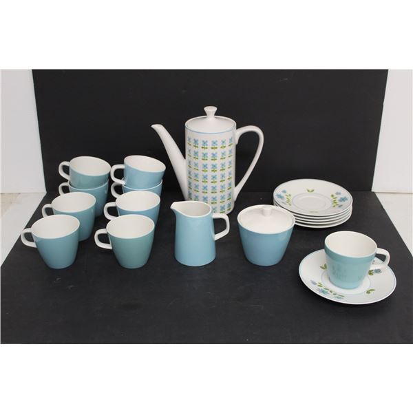 Mikasa Cera-Stone Tea Set Blue - Tea Pot, Cream and Sugar, (9) Cups and (6) Saucers