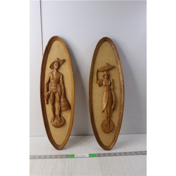 (2) Wooden Oval Fisherman/woman Wall Art Pieces- As Is-22" Tall x 6.75" Wide