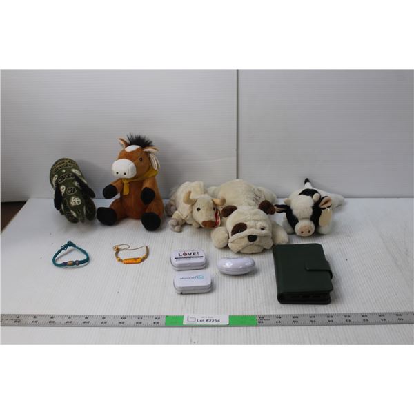 (5) Small Stuffies- Beanie Babies, Misc., (3) Sealed Containers of Mints, Phone Case, (2) Bracelets