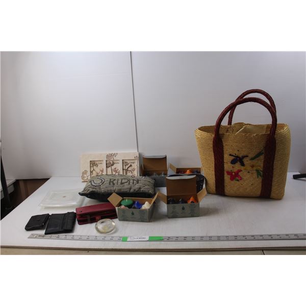 Scented Candles, Woven Bag, (3) Wallets, Gone Ridin' Throw Pillow, Misc.