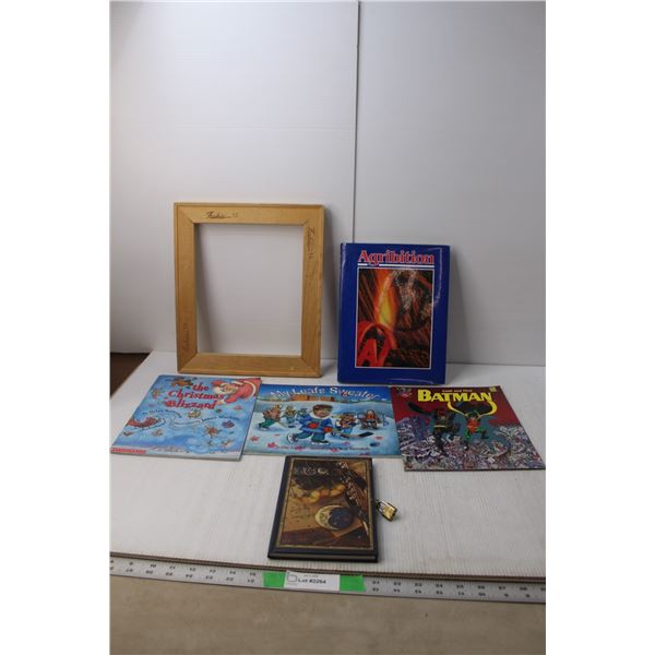 Wood Photo Frame 14" x 12", (5) Books- Journal, Batman Comic, My Leafs Sweater, Misc.