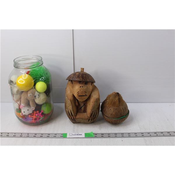 (2) Coconut Figurines- Storage Case, Coin Bank 9" Tall, Toys- Jacks, Golf Balls, Hockey Sack, Misc.