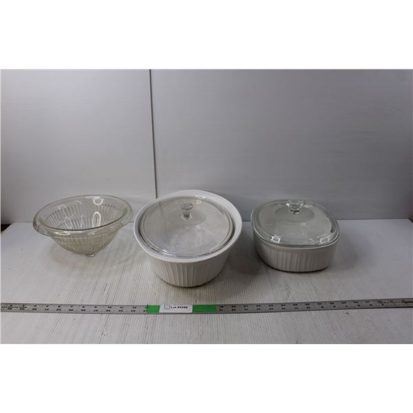 (2) Corningware Casseroles w/ Lids, Glass Bowl