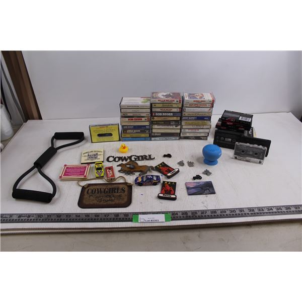 Assorted Cassette Tapes (Jackson Browne, Merle Haggard, Bob Seger, blanks), Assorted Fridge Magnets,
