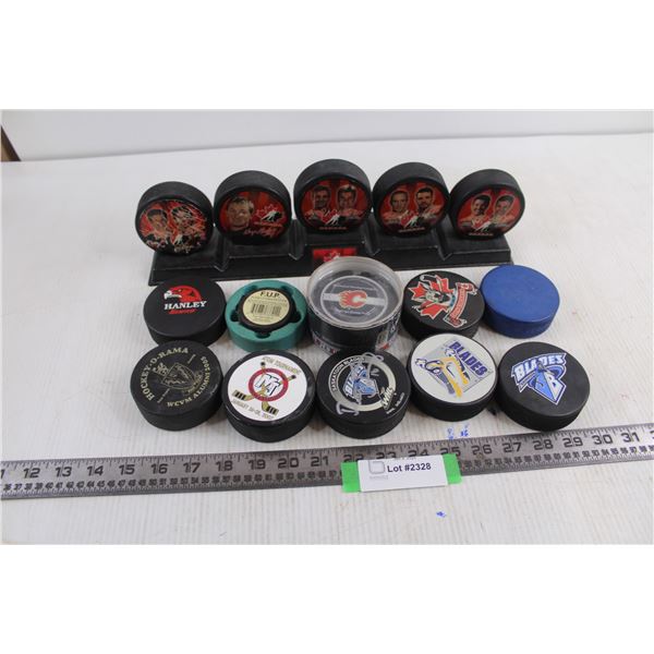 (15) Hockey Pucks (Set of 5 Team Canada with Plastic Platform, Autographed Saskatoon Blades, Officia