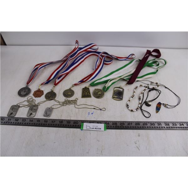 (7) Assorted Regional Sport Medals of Achievement with Lanyards, (3) Athletic Achievement Dog tags, 
