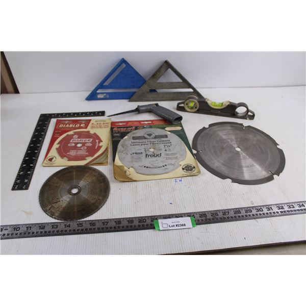 (4) Saw Blades (Hitachi, Diablo - NIB, Freud - NIB), Carpenter's Squares, Level, Stanley Hand Saw