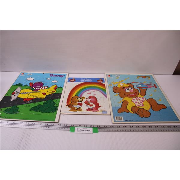 (3) Children's Board Puzzles: Care Bears, Barney, Muppet Babies