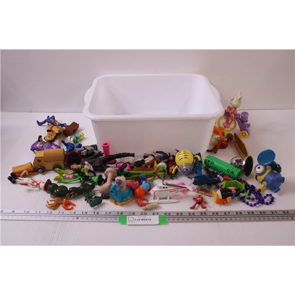 Lot: Children's McDonalds Toys, Wooden Toy, Misc. in Storage Container