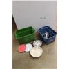 Image 1 : *(2) Plastic Totes, Hangers, Wall Clock, Plates and Bowl