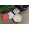 Image 2 : *(2) Plastic Totes, Hangers, Wall Clock, Plates and Bowl