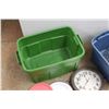 Image 4 : *(2) Plastic Totes, Hangers, Wall Clock, Plates and Bowl
