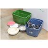 Image 6 : *(2) Plastic Totes, Hangers, Wall Clock, Plates and Bowl