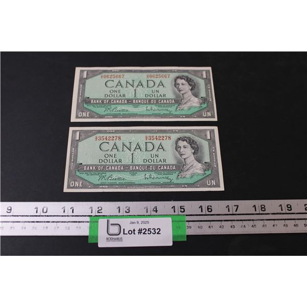 (2) Canadian One Dollar Bill - 1954