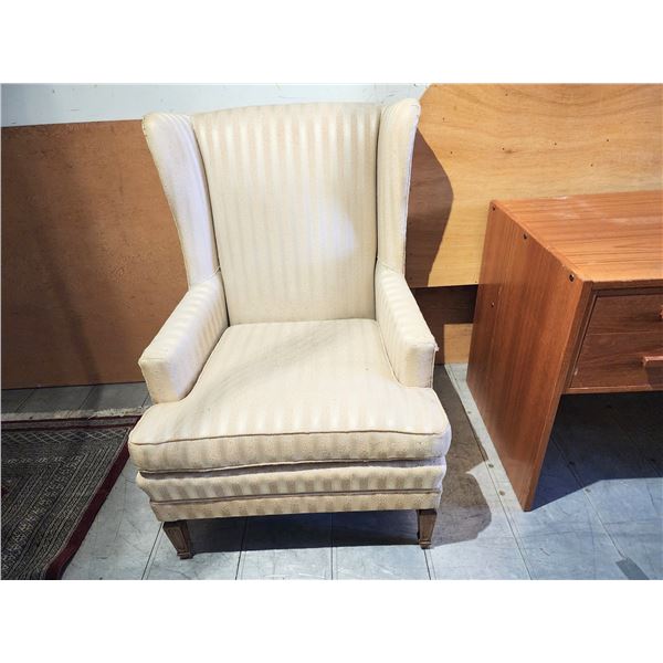806 -- CREAM STRIPED WING BACK CHAIR AND MATCHING FOOT STOOL