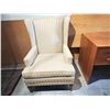 Image 1 : 806 -- CREAM STRIPED WING BACK CHAIR AND MATCHING FOOT STOOL
