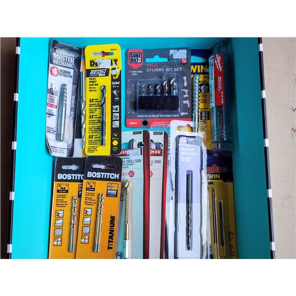 840 -- BOX OF DRILL BITS,TUGNSTEN-CARBIDE, MASONRY DRILL BIT, ROCK AND HOLE SAW, STEP BIT AND MORE L