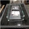 Image 2 : BRAND NEW GLASS AND RATTAN PATIO FIRE TABLE WITH GLASS WINDGUARD, WEATHER COVER, ROCKS, NATURAL GAS 