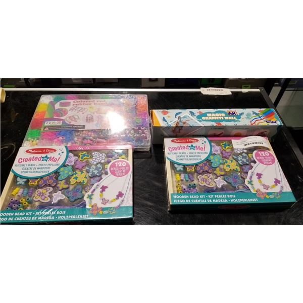 MELISSA AND DOUG BUTTERFLY BEADS, RUBBER BAND SET AND MAGIC GRAFFITI WALL