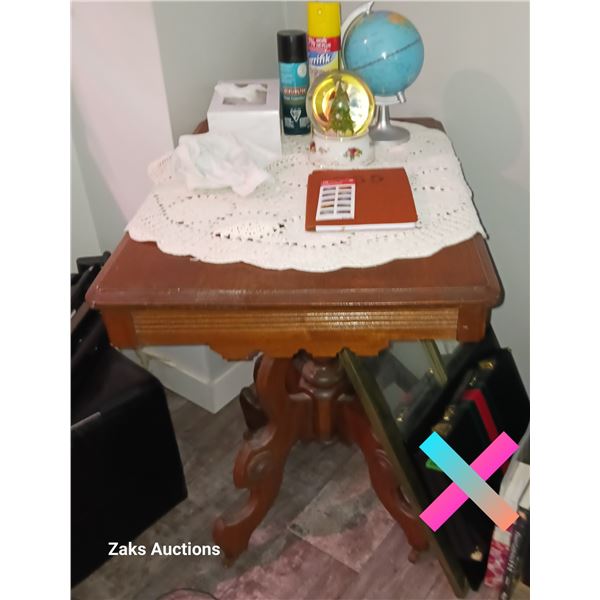 Wooden Ocasional Table W/ Contents (Water Globe, Stamps, Ect.)