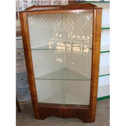 Glass front corner cabinet w/glass shelves