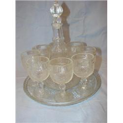 Clear Sandwich glass decanter, tray, 8 goblets