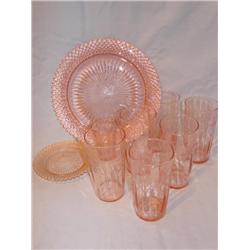 Pink depression glassware, 6 etched glasses.