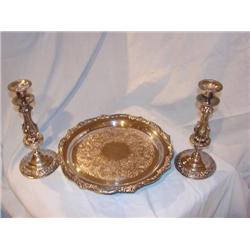 Sheridan Silver footed platter & candlesticks