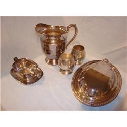 5 silver items, water pitcher,goblets,gravey,misc