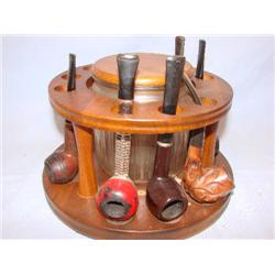 Old pipes & Walnut pipe/tobacco holder, 6 pipes