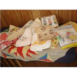 Linens, hooked rug,pillowcases, variety!