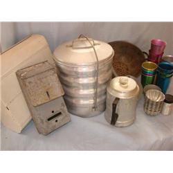 Assorted aluminum kitchen items.