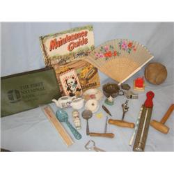Misc. small items, adv. items, baby spoons, fan.